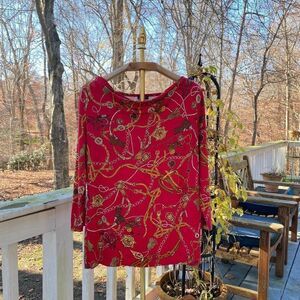 Talbots Red Gold Equestrian Cowl Neck Blouse Top